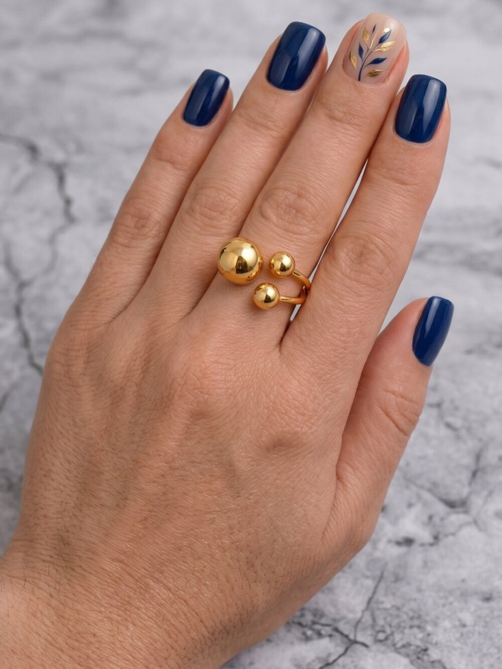 18K Gold Plated SS Triple Ball Sphere Open Ring Size 7 Adj Clean Girl Minimalist